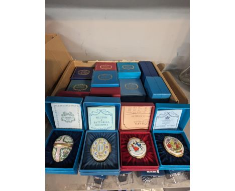 A collection of 17 boxed Bilston and Battersea Enamels Halcyon Days enamel lidded pots Location: 