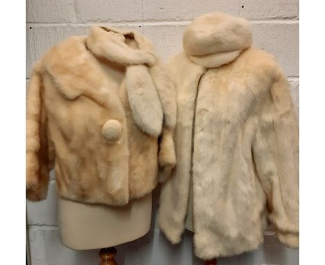 Four items of vintage arctic mink outer clothing comprising a bolero jacket with pompom button to the fastening, a jacket wit