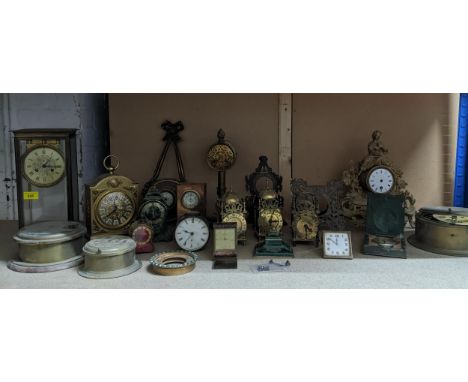 A selection of clocks, clock cases and parts for spares or repairs to include a gilt metal French mantle clock, Goliath pocke