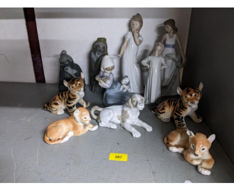 Lladro, Nao and Russian figures to include Oriental elderly man, and animals, dogs, tigers, lions and others Location: 