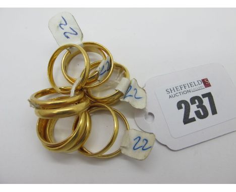 22ct Gold Plain Wedding Bands, (finger sizes noted K, L, P, R). (12)