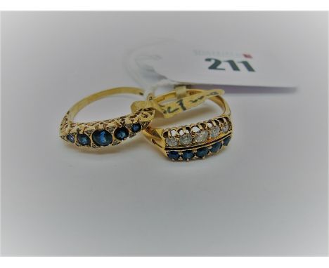 A Sapphire and Diamond Two Row Ring, graduated set, stamped "18" (finger size R); together with a 9ct gold Victorian style ri