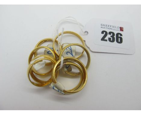 22ct Gold Plain Wedding Bands, (finger sizes noted Q, R, S, V, Z). (8)