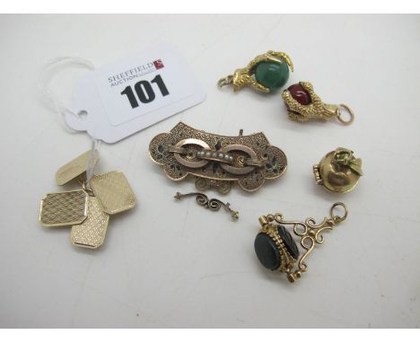 A Shaped Panel Brooch, with inset highlights (damages); together with a pair of 9ct gold cufflinks, engine turned decoration,