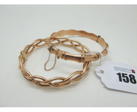 A 9ct Rose Gold Hinged Bangle, of stylised bamboo design; together with an openwork bangle, hinged to snap clasp, stamped "37