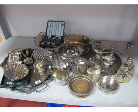 Assorted Plated Ware, including Russian style figure group of boy and girl on a sled (damages) on quartz base; tea wares, toa