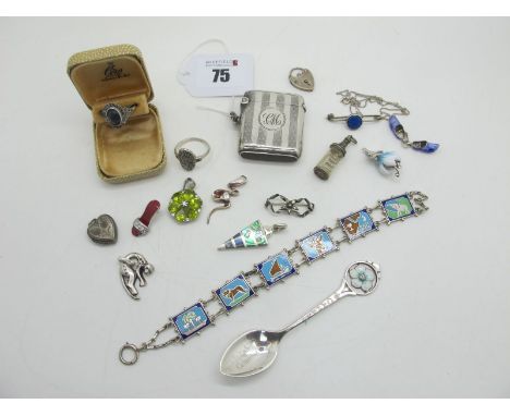 A Hallmarked Silver Vesta Case, engine turned decoration and initialled, a T&amp;S enamel bracelet, Canada enamel souvenir sp