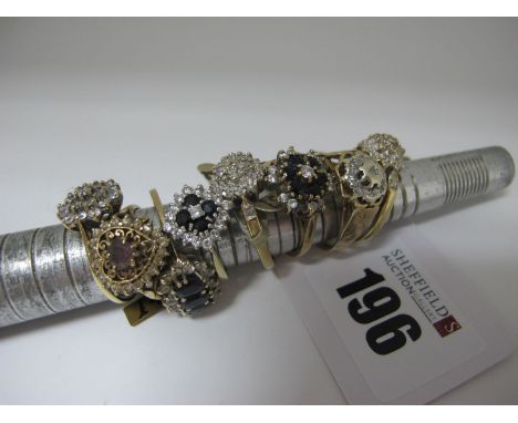 9ct Gold and Other Assorted Cluster Dress Rings, including diamond set (finger sizes noted K, M, N). (8)