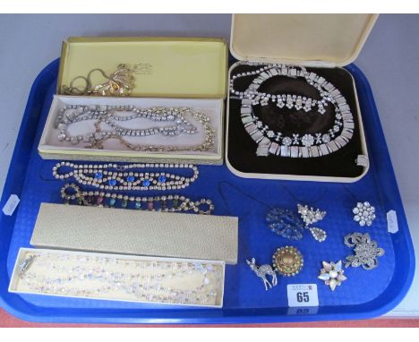 Vintage and Later Diamanté Necklaces, costume brooches etc :- One Tray  