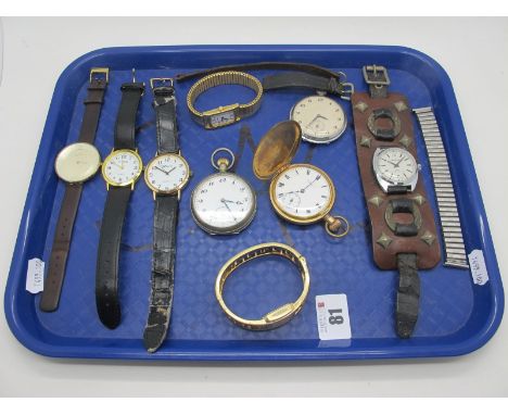 Wristwatches, including Lucerne vintage gent's wristwatch on wide leather embellished strap, a Waltham gold plated cased hunt