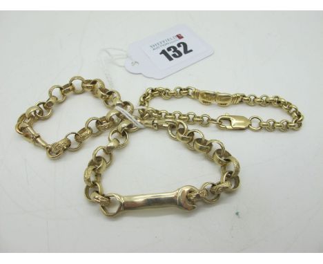 A Novelty 9ct Gold Identity Style Baby / Child Belcher Link Bracelet, with spanner style panel and alternate patterned links,