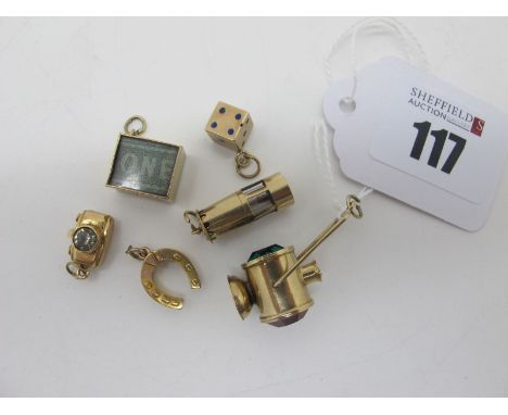 A 9ct Gold Emergency Banknote Charm Pendant, together with a 9ct gold novelty lamp charm pendant, a 9ct gold miner's lamp cha