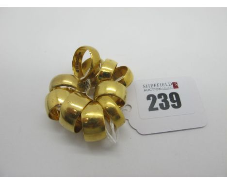 22ct Gold Plain Wide Wedding Bands, (finger sizes noted I, J, K, M). (10)
