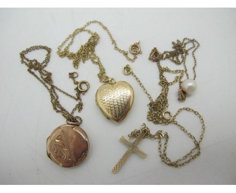 A Modern 9ct Gold Heart Shape Locket, engine turned front, on fine chain, a 9ct gold cross pendant, of textured design, on fi