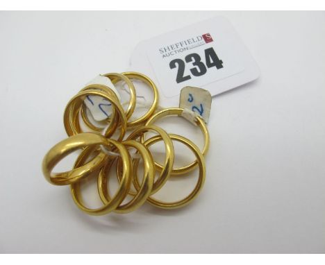 22ct Gold Plain Wide Wedding Bands, (finger sizes noted K, O, P, S). (10)