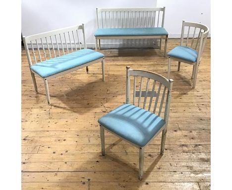 Haga H Fors, Sweden: A painted suite of seat furniture, comprising a three seat bench, two seat bench, a chair and a corner c