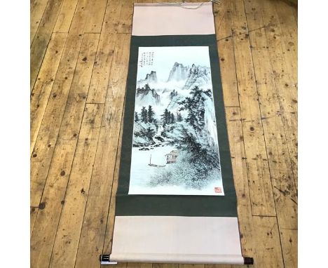 A Chinese scroll painting, depicting a lakeside pavilion in a mountainous landscape, with calligraphy and red seal mark, on s