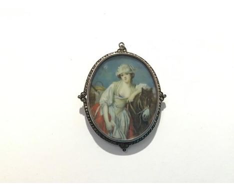 Continental School, 19th century, a portrait miniature of a girl with her horse en route to market, oval, watercolour on ivor