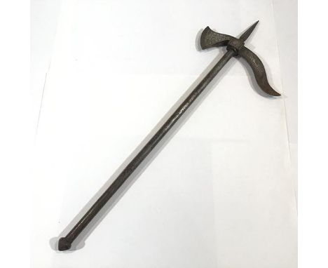 An Indo-Persian tabar / zaghnal battle axe, of characteristic form, the blade with damascened decoration. Length 72cm