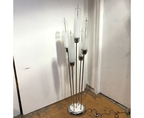 Style of Carlo Nason, a floor lamp, the chrome-plated rod shafts with clear/opaque "test tube" shades, raised on a circular b