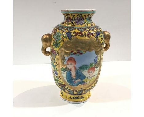 A modern Chinese yellow-ground porcelain vase, of baluster shape, painted with figural panels amidst enamel painted floral sc
