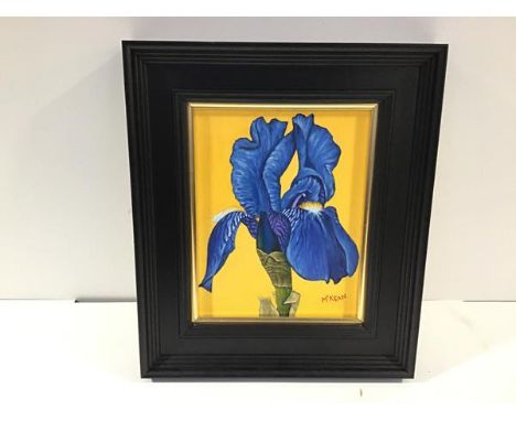 •Graham H.D. McKean (Scottish, b. 1962), Blue Iris with Yellow Background, signed lower right, acrylic on canvas, framed. 22c
