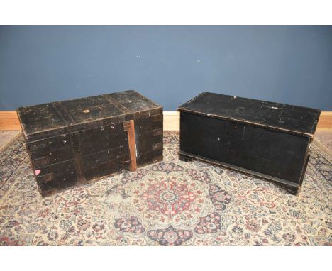 A black painted pine blanket chest, width 100, and a metal bound trunk, width 104cm (2).