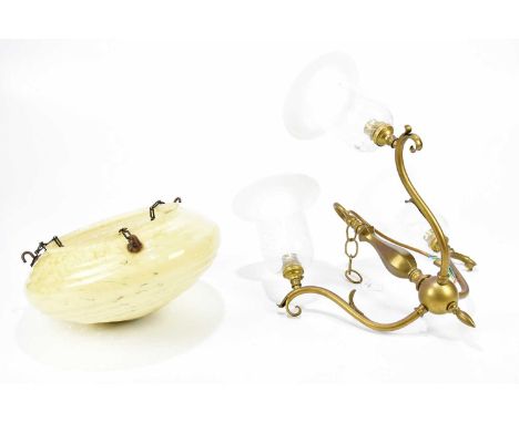An Arts and Crafts three branch ceiling lantern with Vaseline glass shades, and an Art Deco glass ceiling light (2)