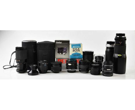 A collection of lenses, mostly manual, to include a Vivitar 19mm f3.8, a Mitsuki 400mm f5.6, a Tamron 80mm-210mm f3.8-f4, a M