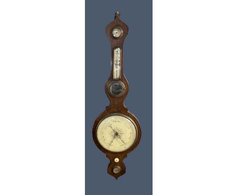 A 19th century rosewood wheel barometer with pewter inlaid scrolling detail and dial, height 100cm.