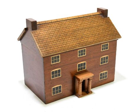 A contemporary painted wooden two division tea caddy in the form of a three storey house with columns flanking the front door