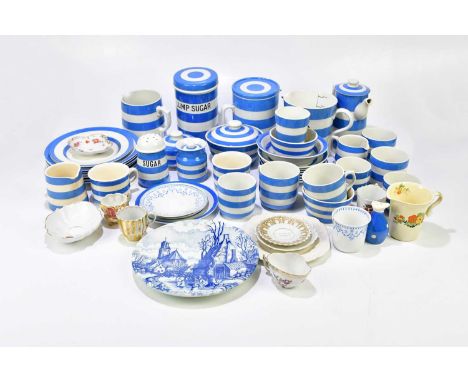 TG GREEN; a collection of Cornishware including a caddy jar lump sugar, a teapot, various bowls, jugs and also assorted ceram