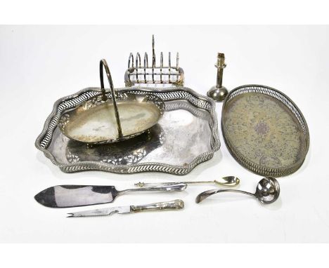 A small collection of plated items, to include trays, toast rack, ladle and a basket.