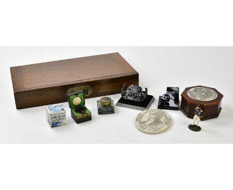 A Victorian writing slope drawer, and a small group of collectors' items, modern plaque of Horatio Nelson, leather inkwell, V