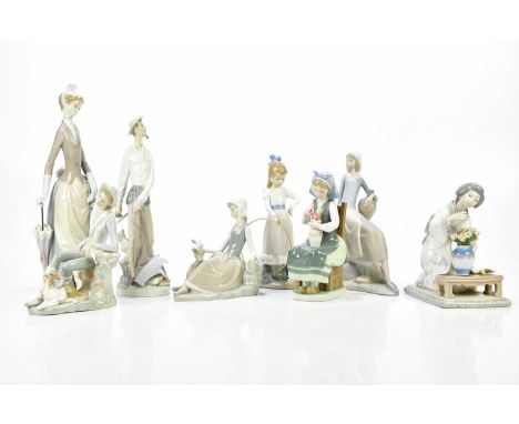 LLADRO; a collection of six figures including a Geisha girl picking flowers, height 19cm, and two NAO figures (8).Condition R