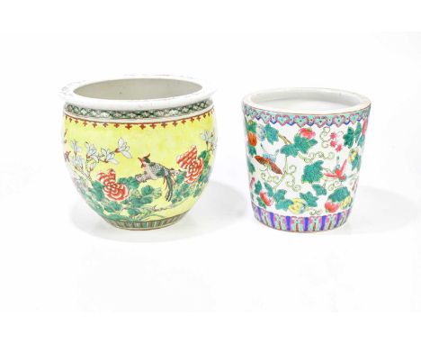 Two Chinese planters including a Famille Verte example decorated with a peacock and lotus flowers, height 22cm.  Condition Re