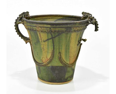 † JOHN BROOKE STEEL; a Studio Pottery twin handled planter, the two handles modelled as lizards, height 28cm, impressed seal 