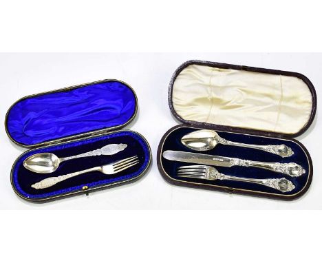 JOSEPH GLOSTER; a cased Victorian hallmarked silver three piece christening set, Birmingham 1850, (the knife with a loaded ha