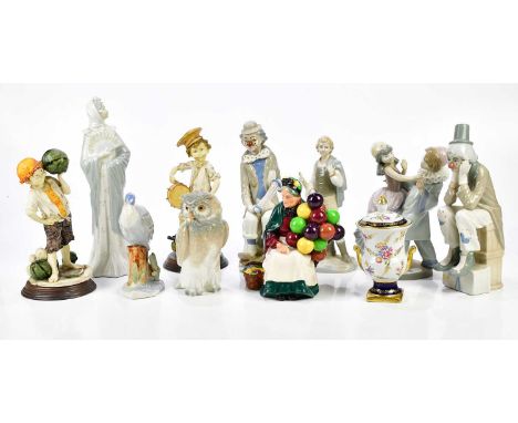 LLADRO; a figure of a Pierette dancing with a girl, height 22cm, NAO figure of a girl holding a fan, NAO owl, Royal Doulton f