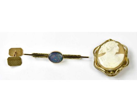 A yellow metal bar brooch set with a doublet opal, 9ct cufflink and a cameo brooch, side profile of a maiden (3).