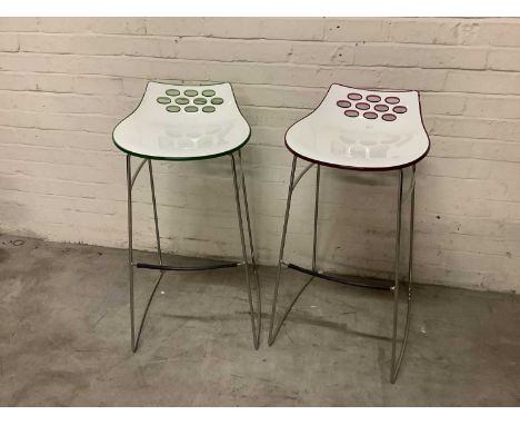 CALLIGARIS; a pair of "Jam" design chrome kitchen high stools, made in Italy, height 91cm.Condition Report: Purple example mi