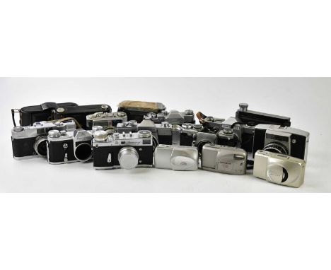 A collection of film cameras, mostly 35mm, to include a Palmer Automatic, Edixa, Zenit 3M, Praktica MTL3, Chinonflex TTL, Cor