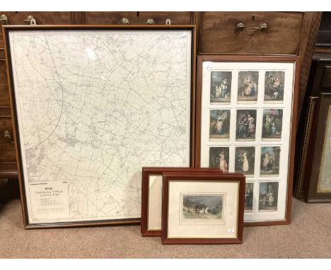 LOCAL INTEREST; an Ordnance Survey map of Mobberley Village Society, a framed set of twelve Cries of London miniature prints,