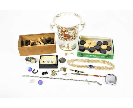 A small collection of costume jewellery to include hallmarked silver cufflinks, a simulated pearl necklace, an Albert chain, 