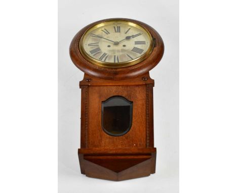 A late 19th century oak cased drop dial wall clock, with silvered dial set with Roman numerals, 71cm.