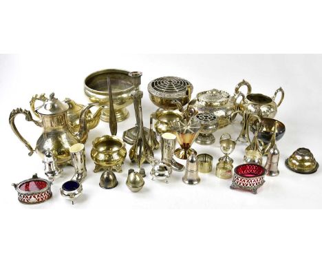 An assortment of silver plate, including a part tea service, a cruet, etc.