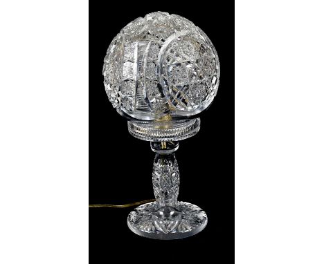 A cut glass mushroom lamp with ball shade, height 35cm.Condition Report: The odd minor nibble but overall good condition.