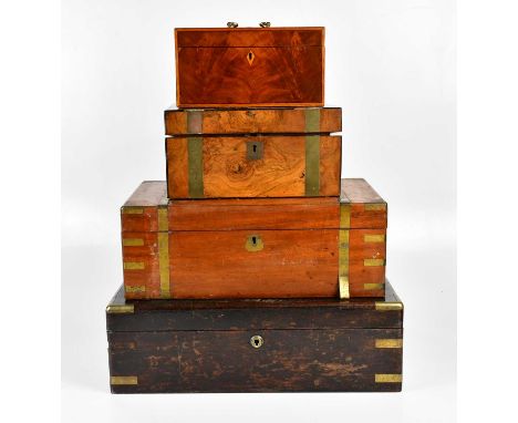 Three Victorian brass bound writing slopes and a Georgian mahogany tea caddy of rectangular form (replacement interior), leng