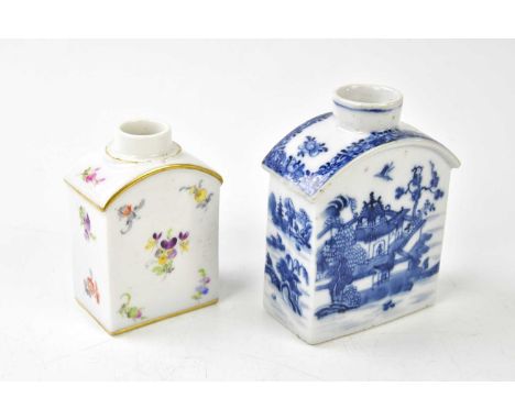 An 18th century Chinese blue and white porcelain tea caddy, decorated with landscape scene, and a Meissen hand painted tea ca