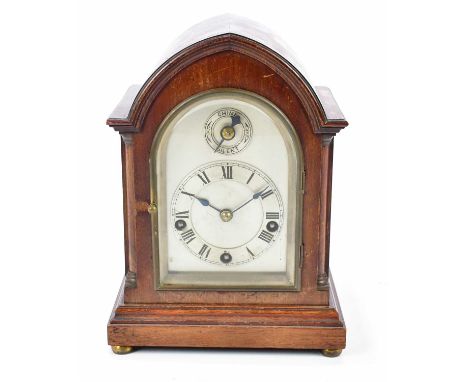 WINTERHALDER &amp; HOFMEIER; an early 20th century mahogany cased lancet top mantel clock, the silvered dial set with applied
